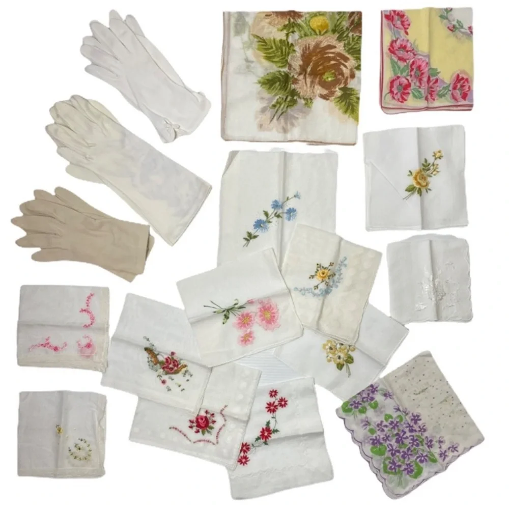 Vintage Gloves & Vintage Handkerchief Set Romantic Floral Antique Linen Bundle